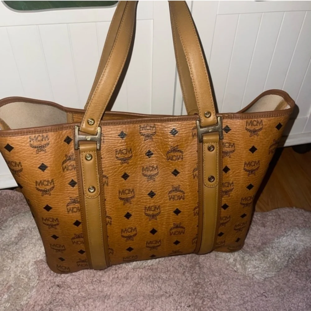 MCM Visetos Brown cognac Logo Tote Bag signature coated canvas with leather trim - Picture 8 of 12